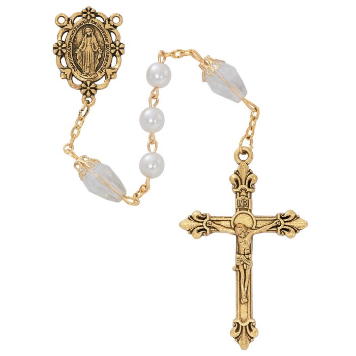 6mm Pearl/Crystal Antique Gold Rosary