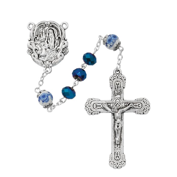 8mm Blue Metallic Lourdes Water Rosary