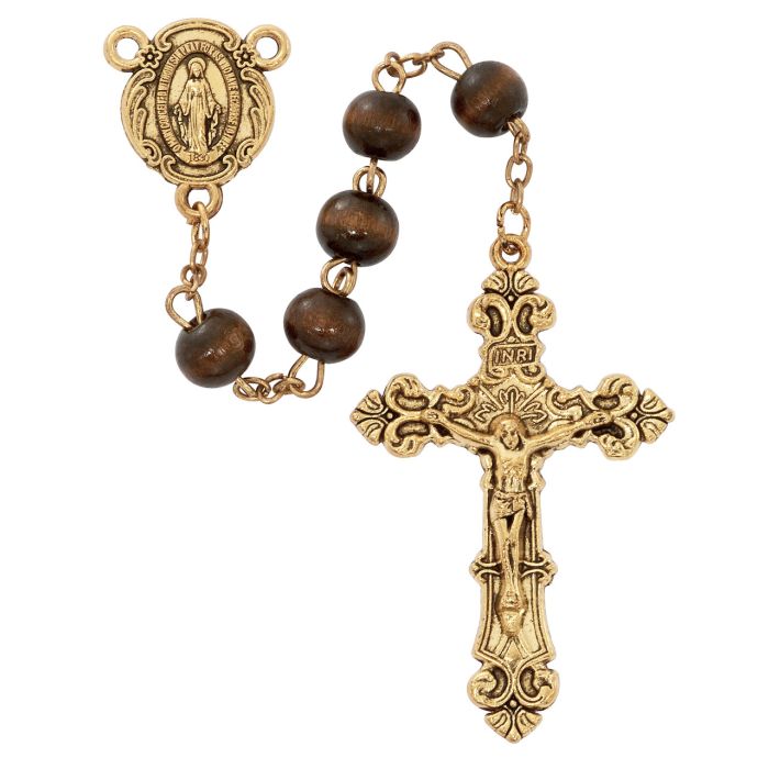 8mm Brown Wood Antique Gold Rosary