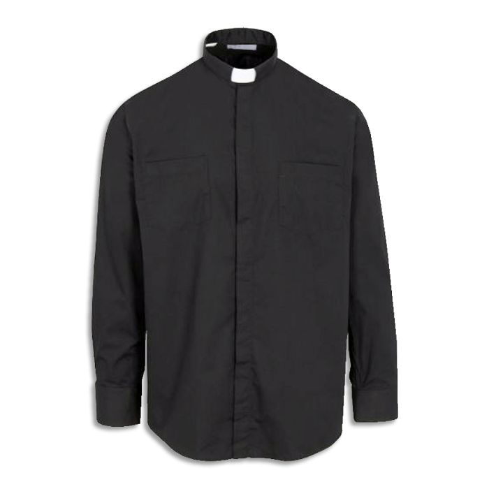 Black Ample Cut Long Sleeve Tab Collar Clerigy Shirt