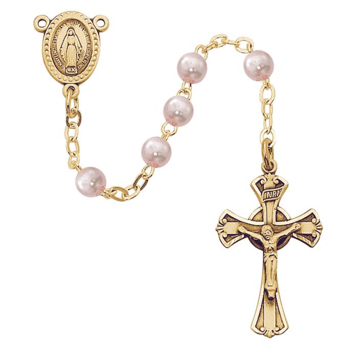 Gold Plated Pink Glass Rosary