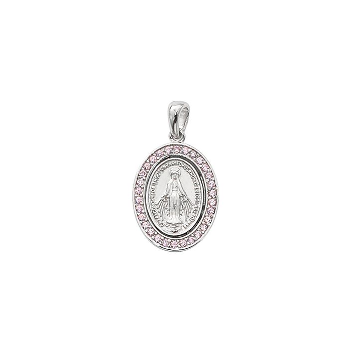 Sterling Silver Miraculous Medal and Pink Stones w/ 18" Chain