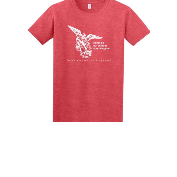 Never Go Without Your Wingman - St. Michael the Archangel Adult Red T-Shirt
