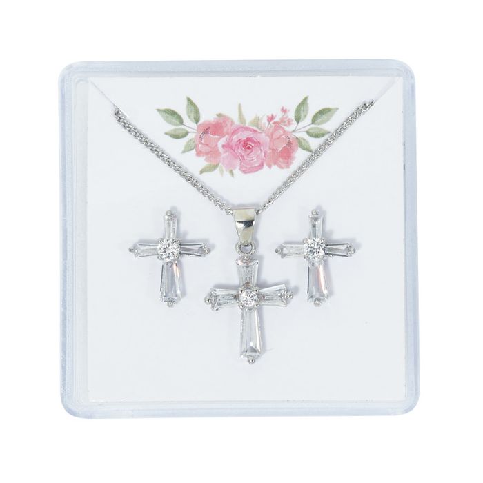 Silver Crystal Baguette Cross Earrings&Necklace