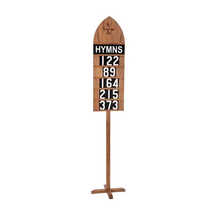 Standing hymn board (12" wide by 86" high) features solid oak cross and dividers