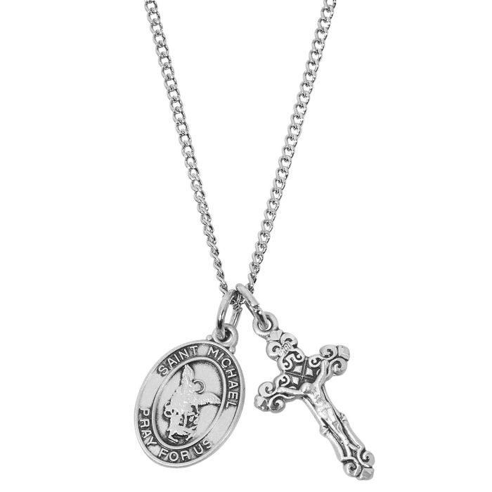 Sterling Silver Crucifix & St. Michael Medal & Chain