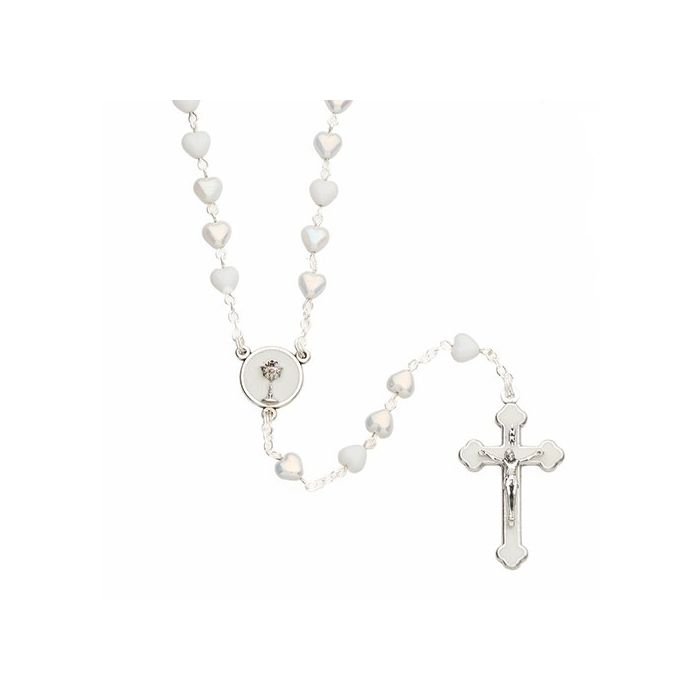 White Communion Rosary with Heart Shaped Beads 16"