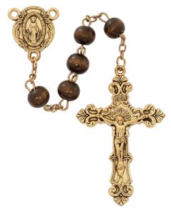 8mm Brown Wood Antique Gold Rosary