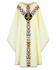 Chasuble #3361, White Dupion With Hand Embroidered Marian Emblem