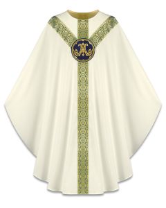 Chasuble #3643, White Brugia with Hand Embroidered Emblem