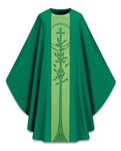 Chasuble #5384, Green Dupion with Embroidered Design