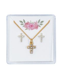 Gold Crystal Cross Earrings & Pendant Set #PES19