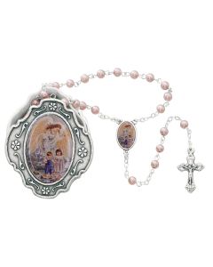 Guardian Angel Pink Rosary with Box