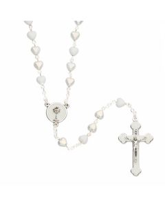 White Communion Rosary with Heart Shaped Beads 16"
